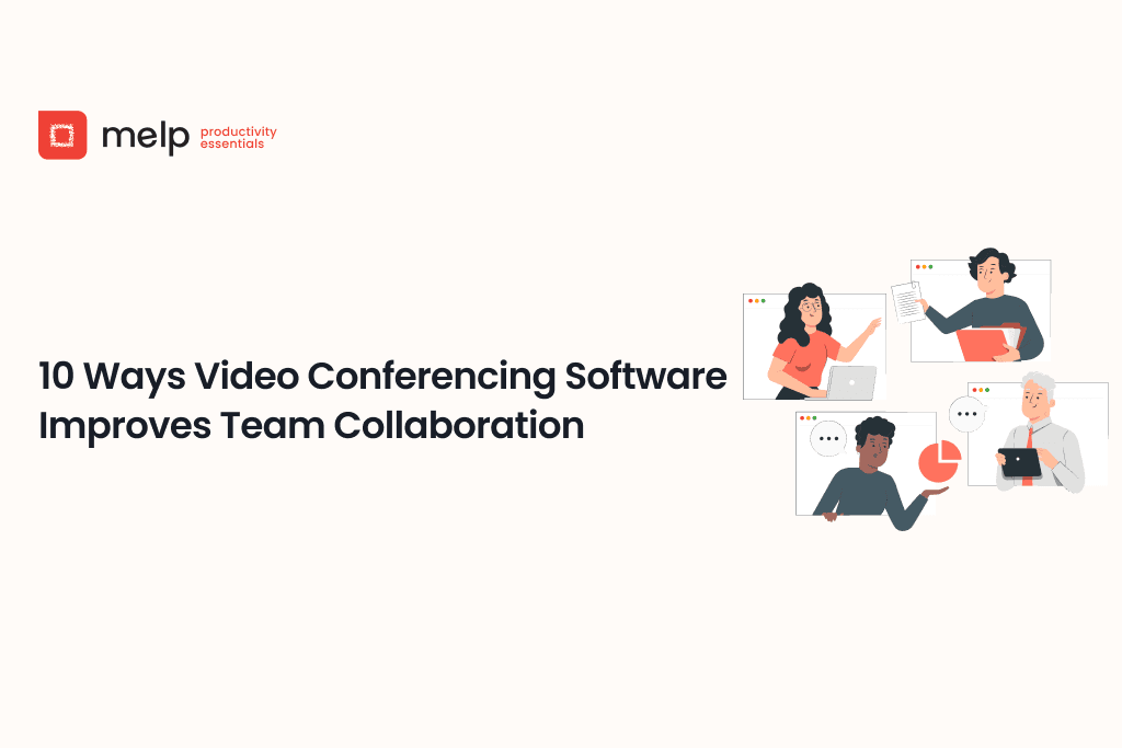 Video conferencing software improves team collaboration banner with multiple participants on screens”