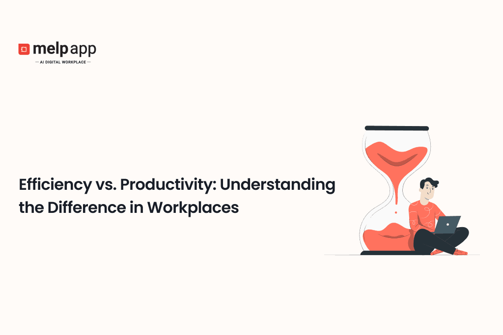 Efficiency versus productivity in the workplace shown with an hourglass and a person working on a laptop, emphasizing time management concepts.