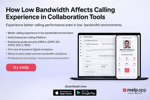 Laptop and mobile screens showing poor call quality on low bandwidth connection, improved using melp app optimized collaboration solution